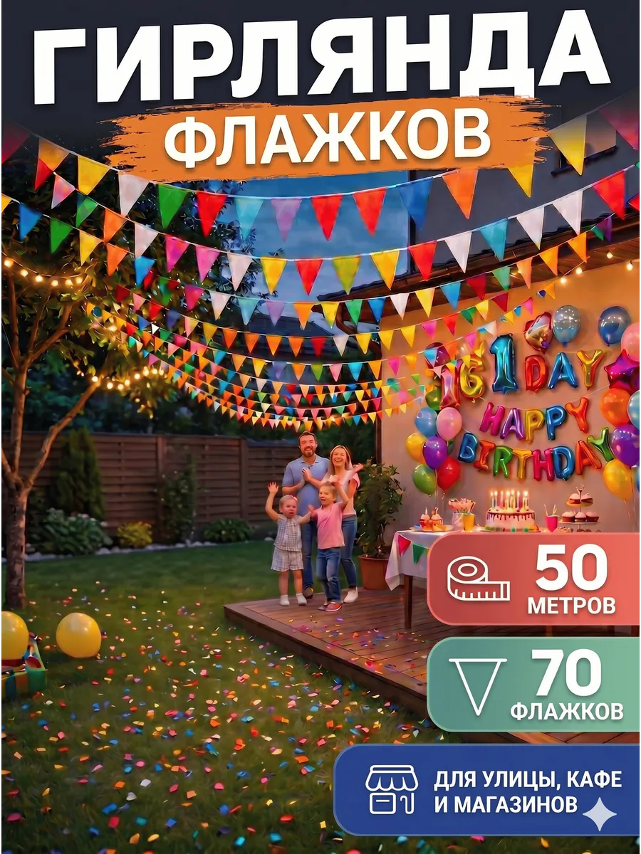 Флажки гирлянда разноцветные 50 метров