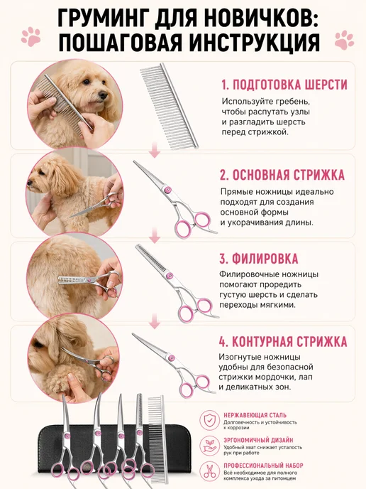 Ножницы профессиональные для стрижки животных закругленные, розовый, фото 5
