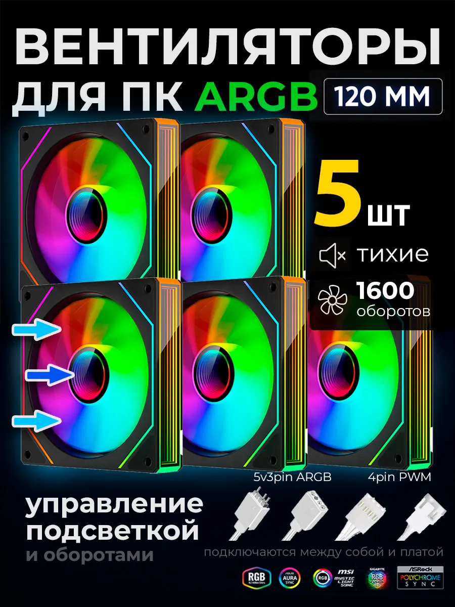 Кулеры для ПК 120мм 5шт, корпусный вентилятор с подсветкой