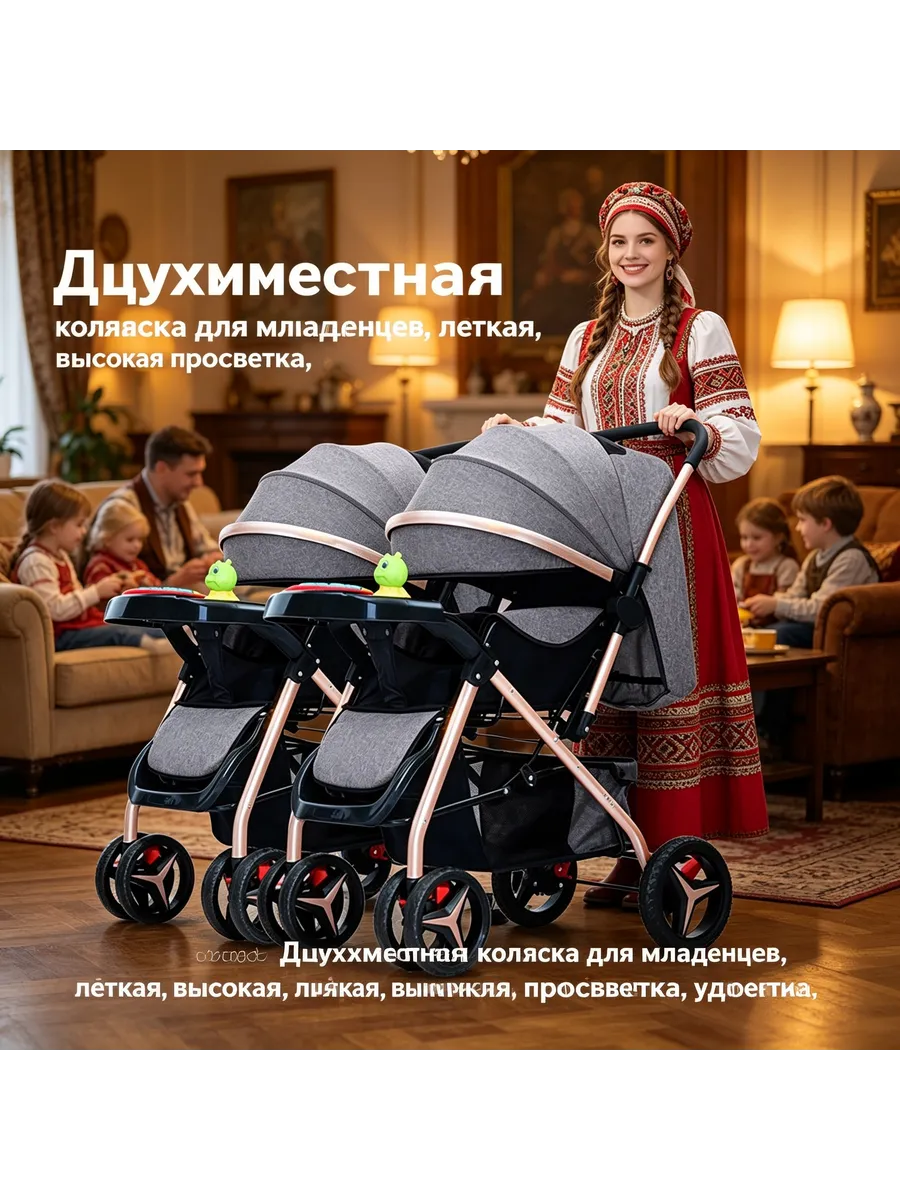 Коляска для двойни легкая высокая складная 2 в 1