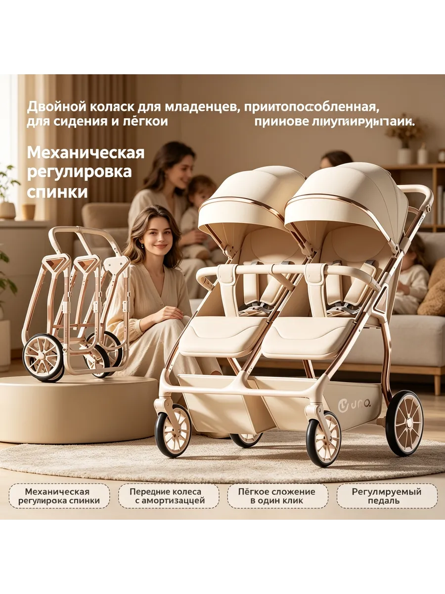 Коляска для двойни 2в1 складная легкая прогулочная высокая