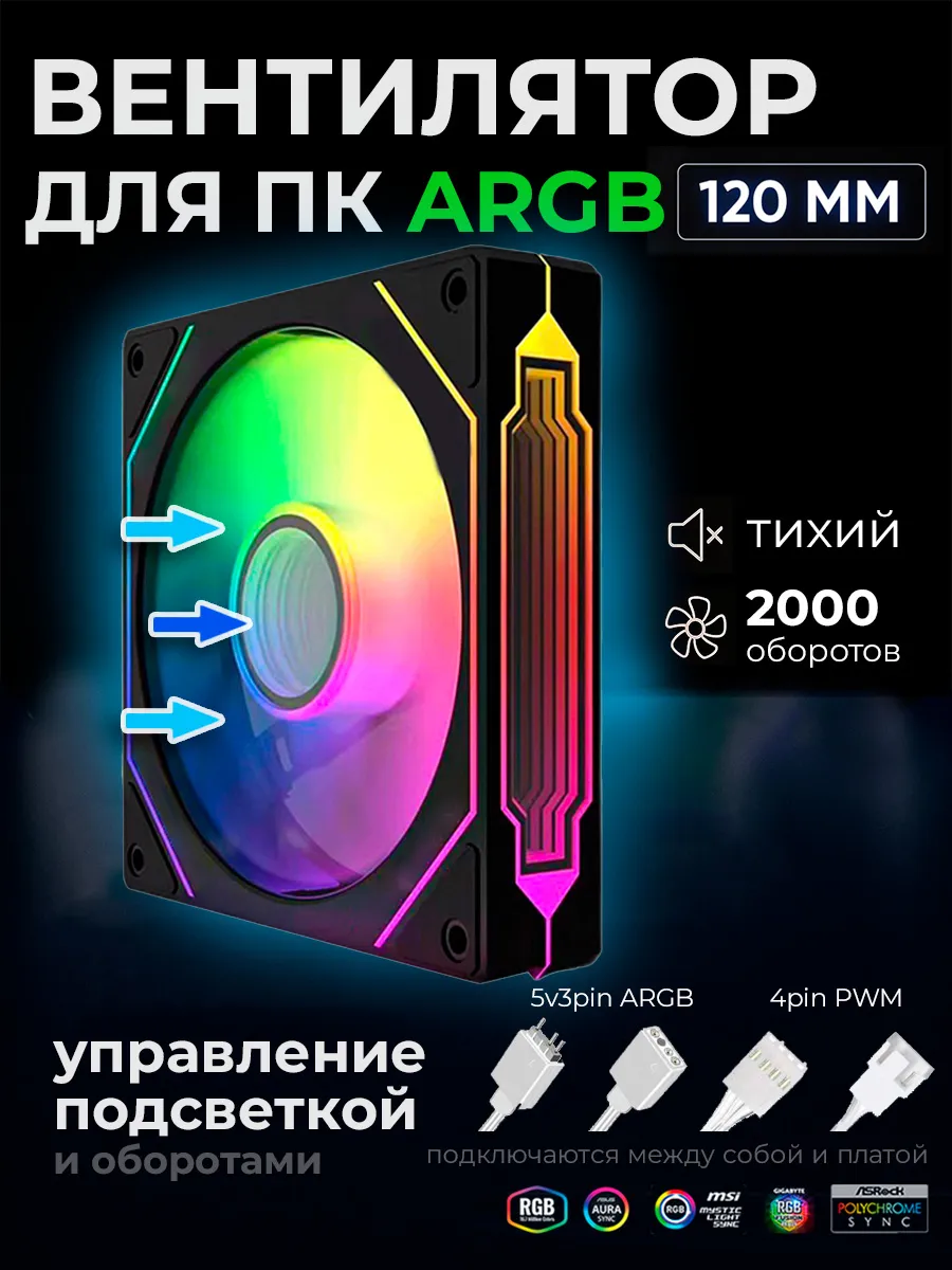 Кулер для ПК 120мм черный, корпусный вентилятор с подсветкой