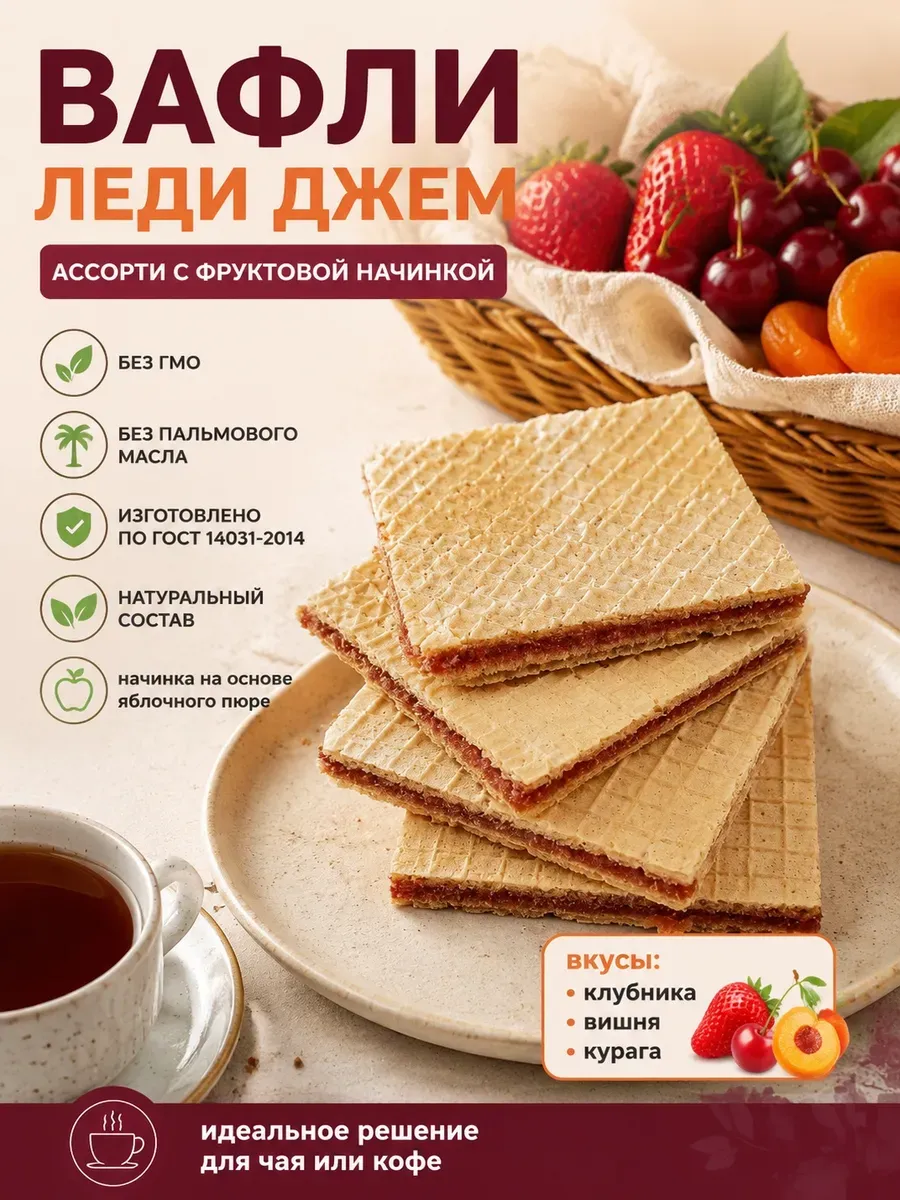 Вафли "Леди Джем"с фруктовой начинкой, ассорти,250 гр