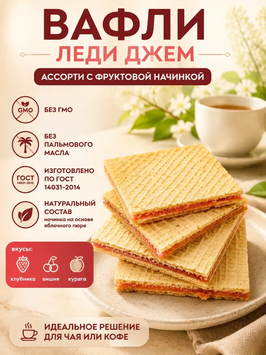 Вафли "Леди Джем"с фруктовой начинкой, ассорти,500 гр