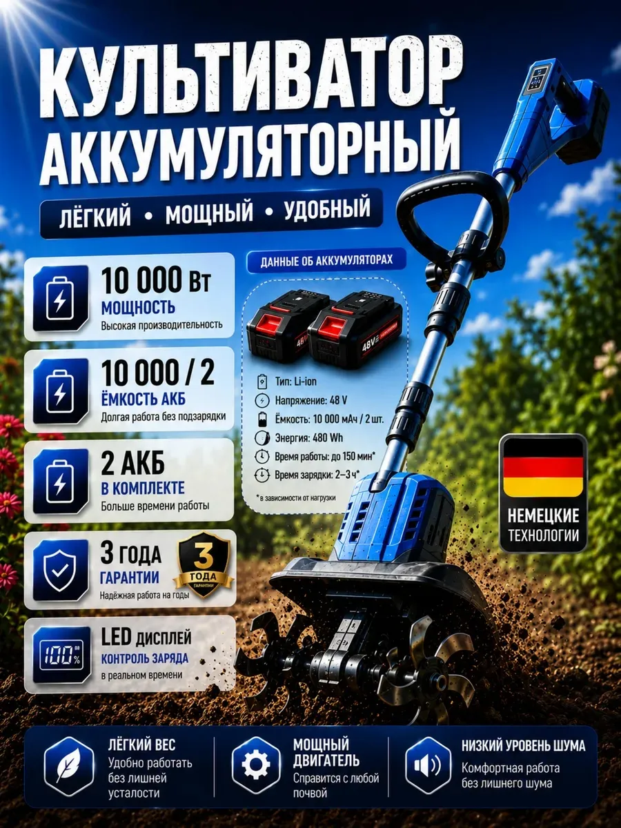 Мощный Культиватор аккумуляторный