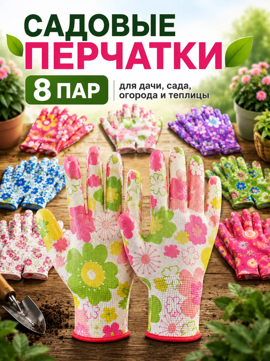 Перчатки садовые с непромокаемым покрытием 8 пар