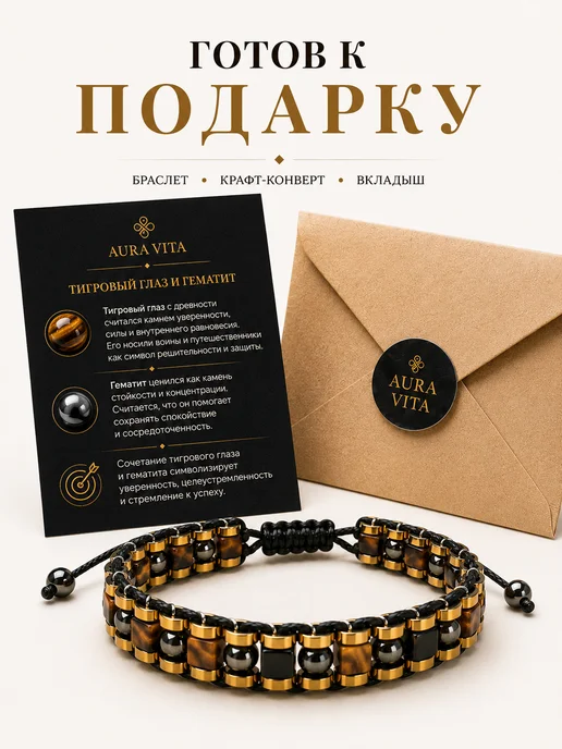 AURA VITA Мужской браслет из тигрового глаза и гематита, вариант, фото 5