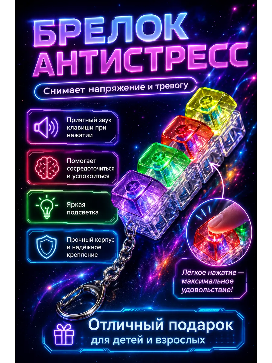 Антистресс кейкап брелок клавиатура с кликом и подсветкой