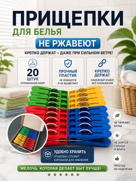 Прищепки бельевые прочные набор 40 шт, 20 шт
