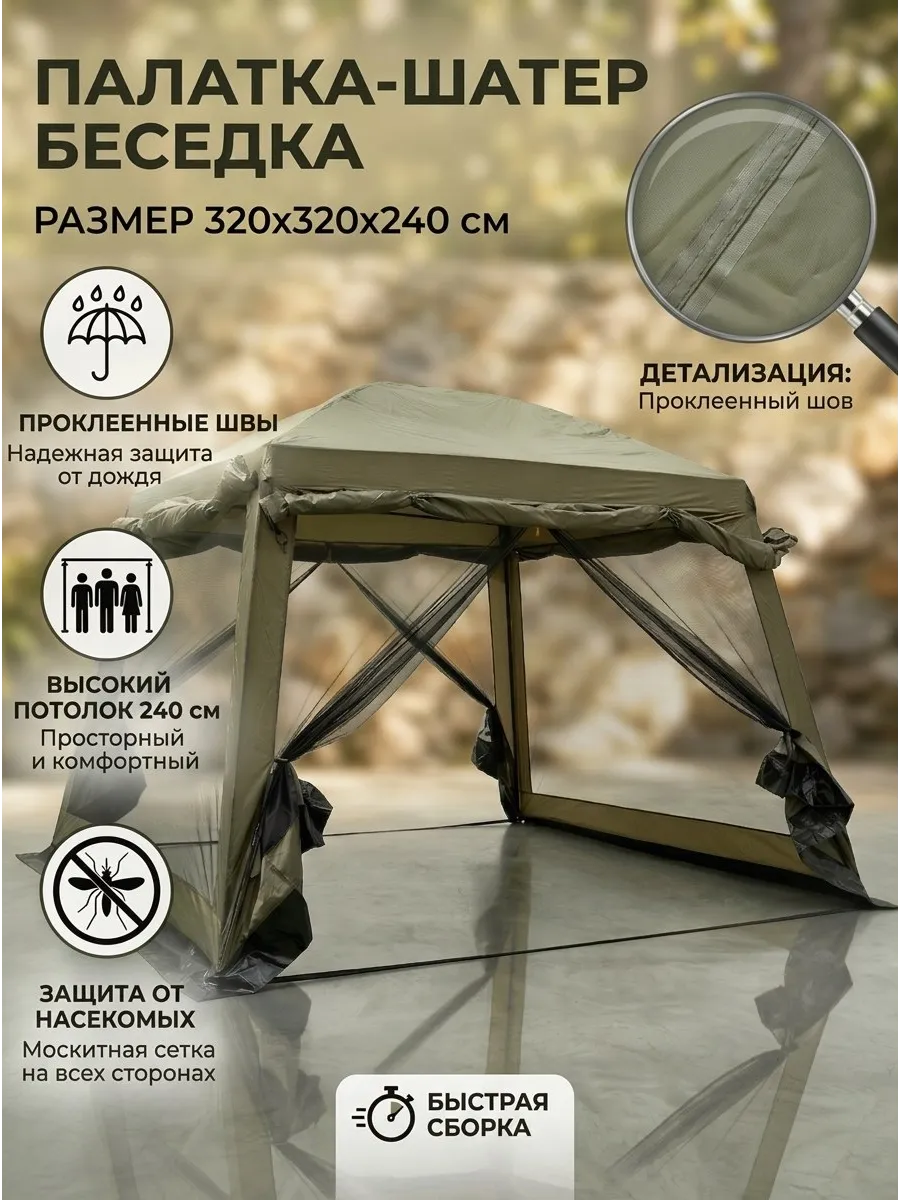 Шатер туристический с москитной сеткой и тентом 320х320х240