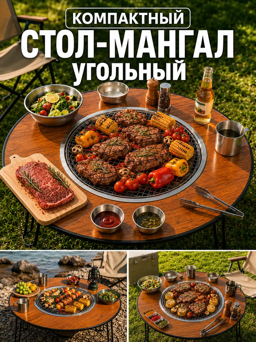 Складной туристический стол-мангал — круглый угольный гриль