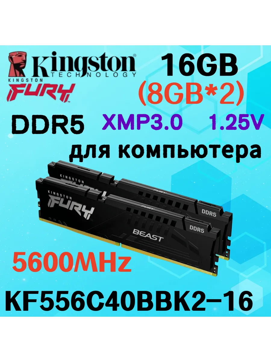 Kingston Fury Оперативная память Beast DDR5 5600MHz 16gb 2x8gb Чёрный