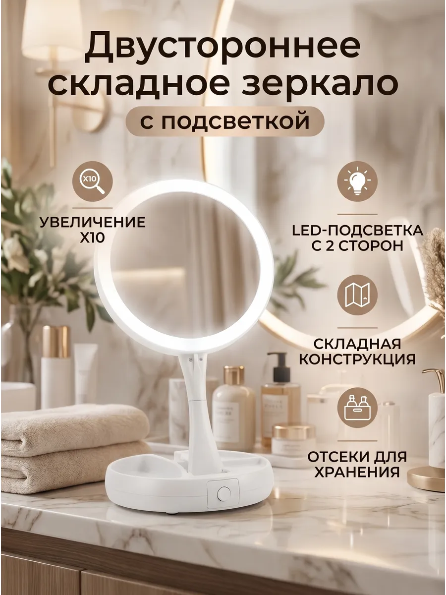 Зеркало двухстороннее складной с подсветкой и отсеками