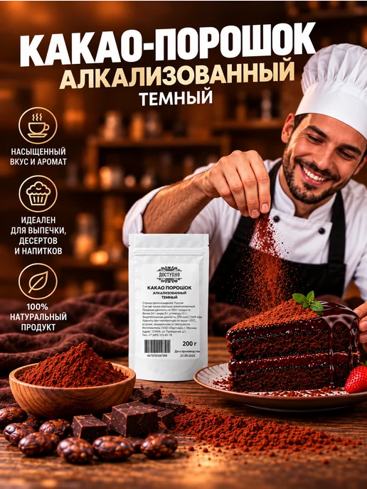 ДОСТУПНО Какао порошок алкализованный, темный 200 гр, 200 г, фото 3