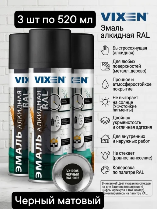VIXEN Грунт-эмаль по ржавчине 4 в 1 черный янтарь RAL 9005 аэрозо, 3 шт