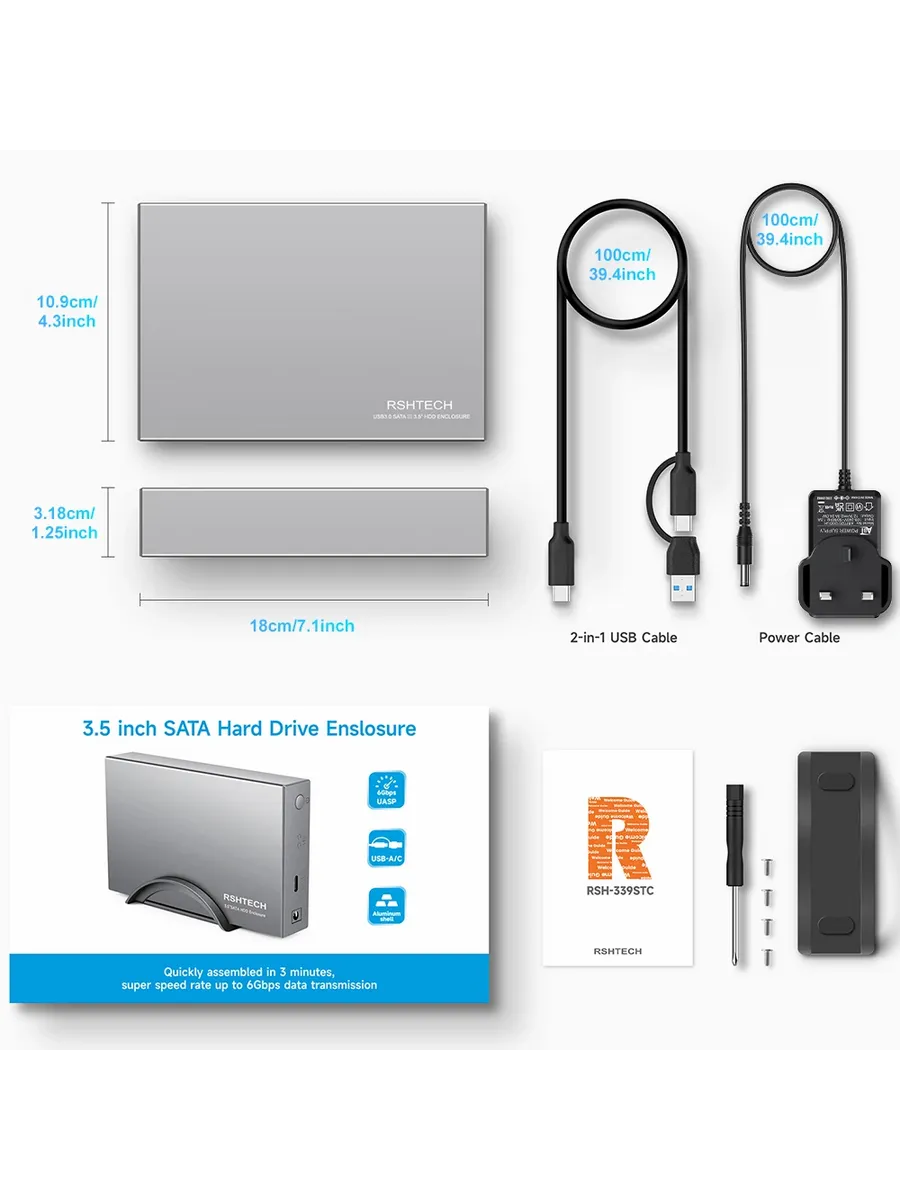 Корпус для жесткого диска RSHTECH USB C SATA III 3.5" with U