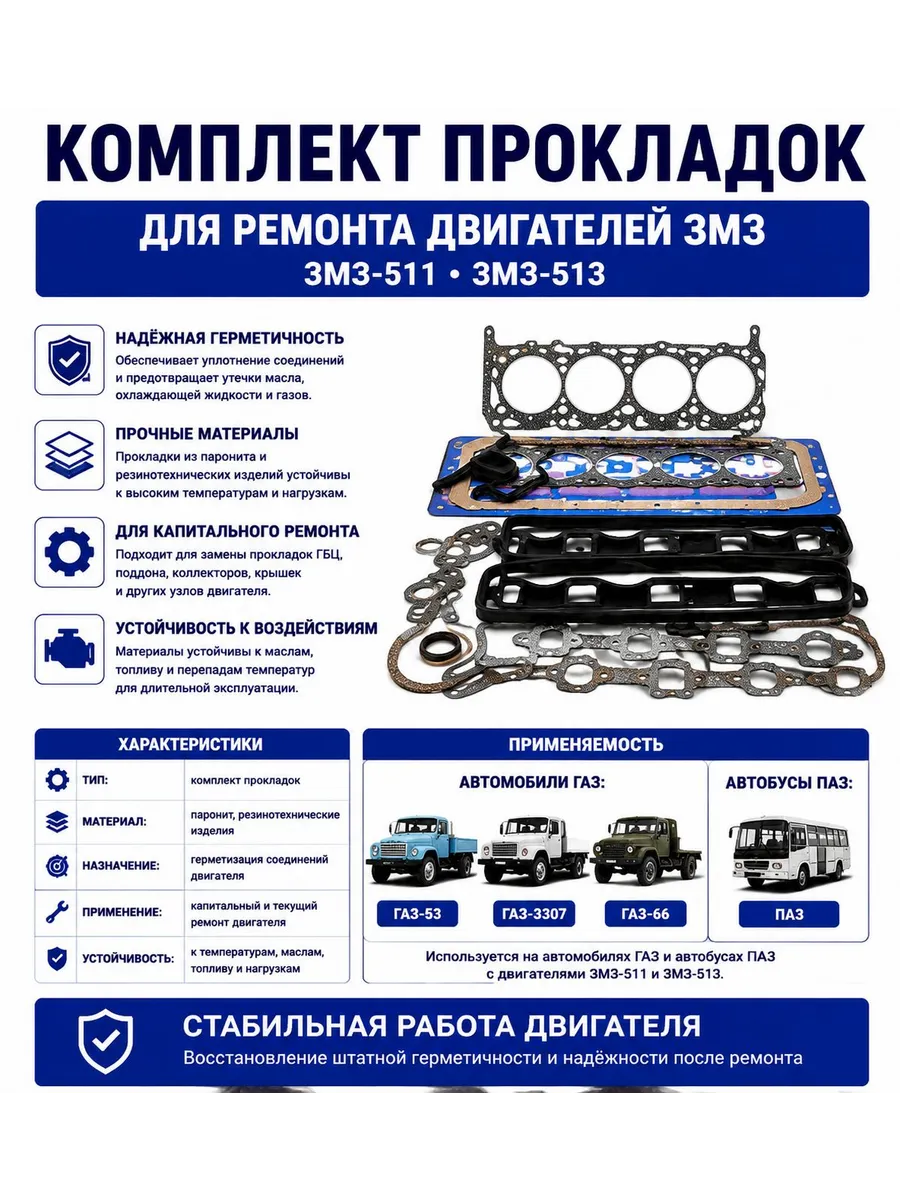 Комплект прокладок двигателя для Газ 53, Паз