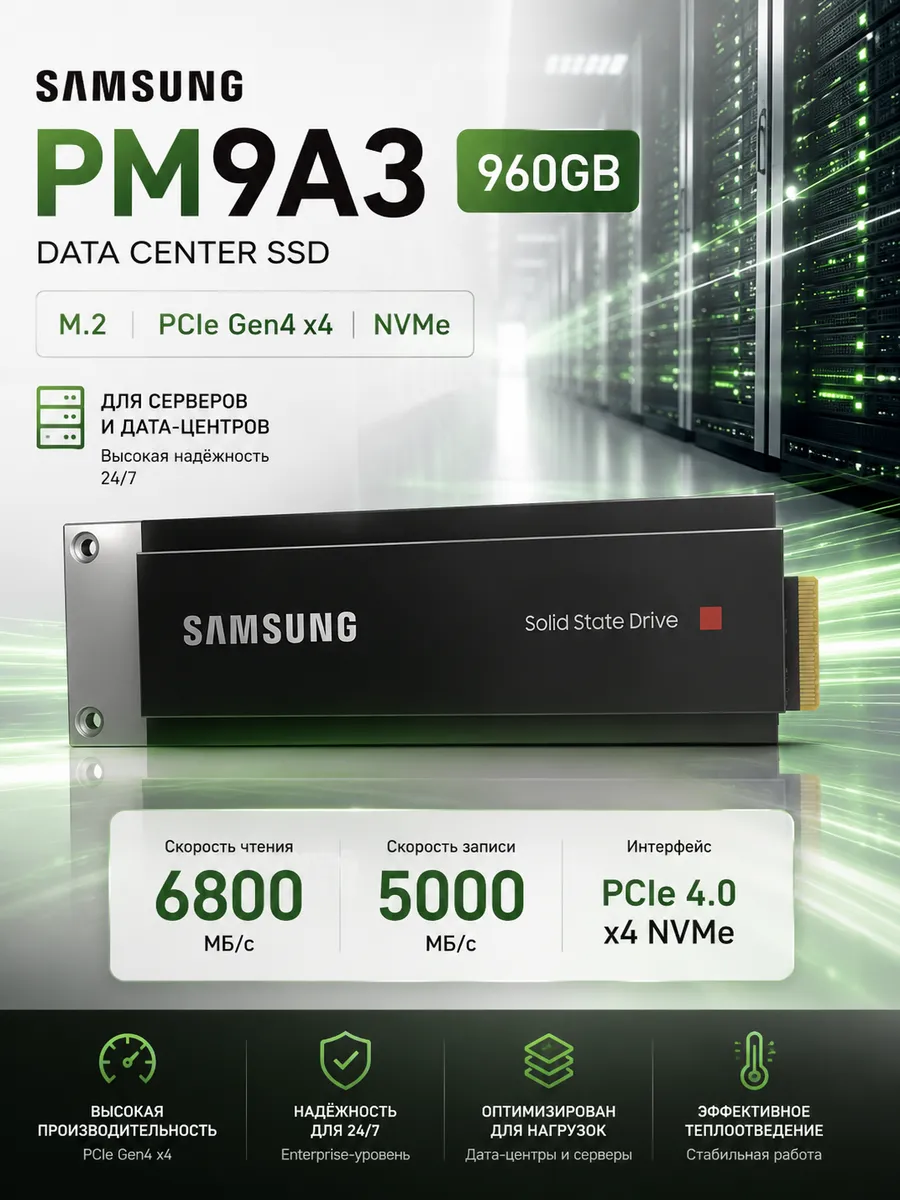 Samsung Твердотельный накопитель PM9A3 960 ГБ M.2 PCIe 4.0 x4