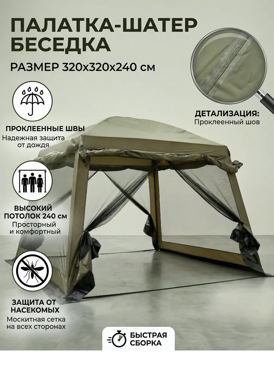 Шатер туристический с москитной сеткой и тентом 320х320х240