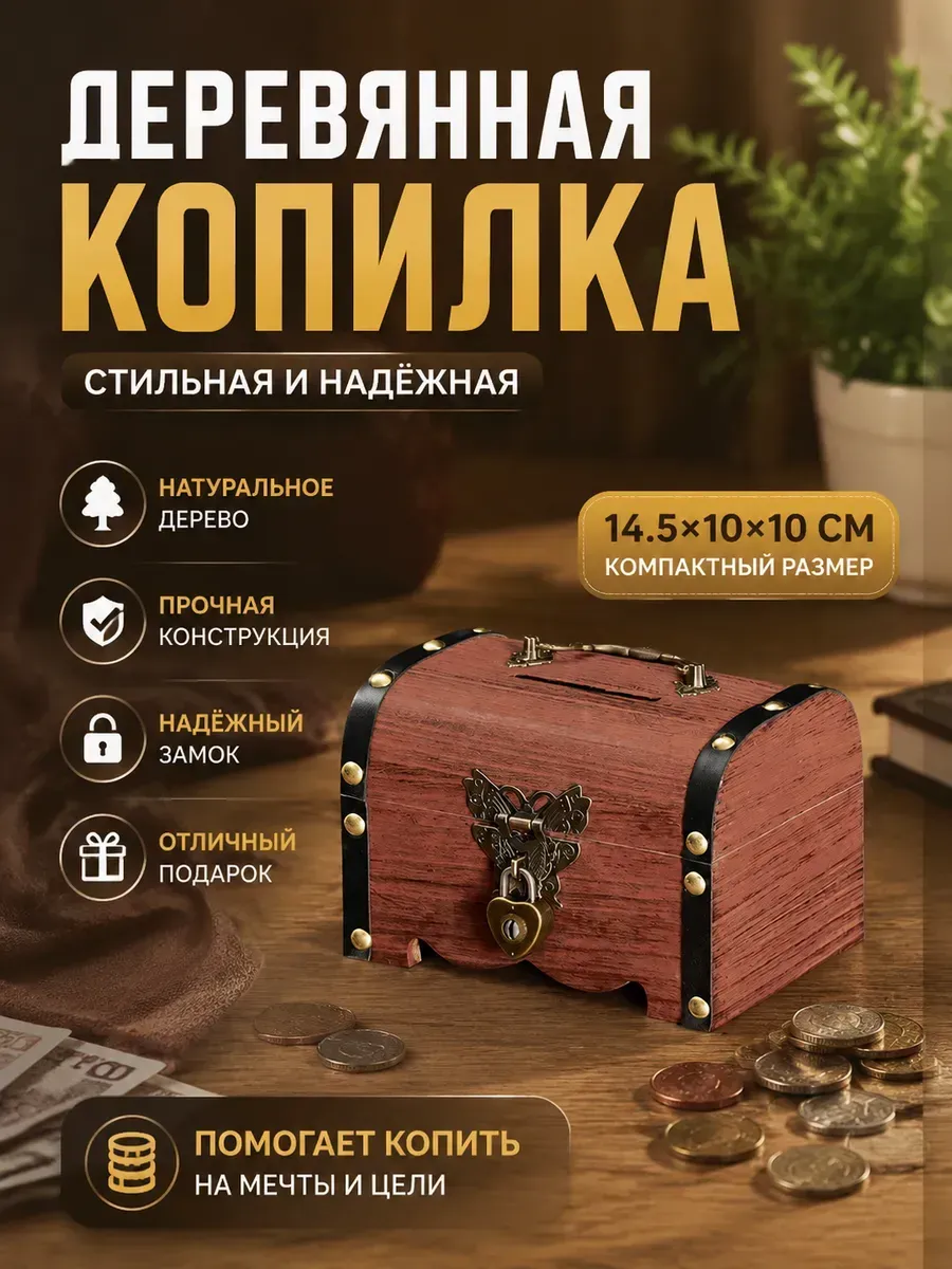 Деревянная копилка-сундук, с замком, для хранения сбережений